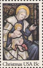 15-cent U.S. postage stamp picturing stained glass window depicting Madonna and Child