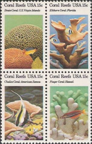 Block of four 15-cent U.S. postage stamps picturing coral reefs