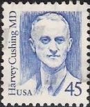 Blue 45-cent U.S. postage stamp picturing Harvey Cushing