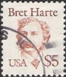 Red brown $5 U.S. postage stamp picturing Bret Harte