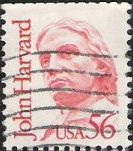 Red 56-cent U.S. postage stamp picturing John Harvard