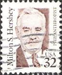 Brown 32-cent U.S. postage stamp picturing Milton S. Hershey