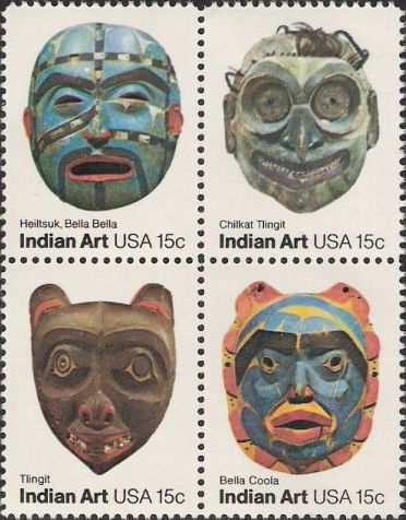 Block of four 15-cent U.S. postage stamps picturing Native American masks