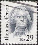 Blue 29-cent U.S. postage stamp picturing Thomas Jefferson