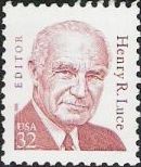 Dark red 32-cent U.S. postage stamp picturing Henry R. Luce