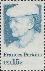 Blue 15-cent U.S. postage stamp picturing Frances Perkins