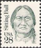 Green 28-cent U.S. postage stamp picturing Sitting Bull
