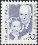 Blue 32-cent U.S. postage stamp picturing Lila and Dewitt Wallace