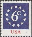 Blue & red 6-cent U.S. postage stamp picturing 13 stars in a circle
