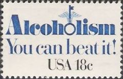 Blue & black 18-cent U.S. postage stamp bearing phrase 'Alcoholism:  You can beat it!'