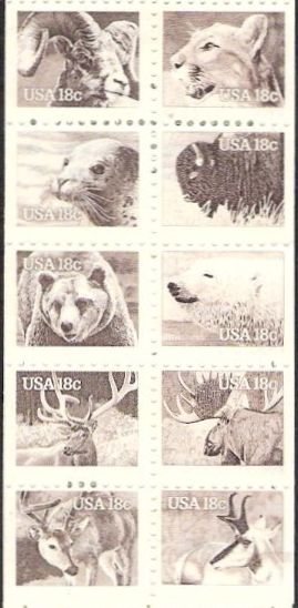 Pane of 10 brown 18-cent U.S. postage stamps picturing mammals