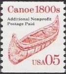Red & gray 5-cent U.S. postage stamp picturing canoe