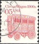 Red 5-cent U.S. postage stamp picturing circus wagon