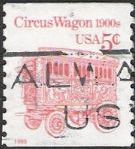 Pink 5-cent U.S. postage stamp picturing circus wagon