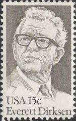 Gray 15-cent U.S. postage stamp picturing Everett Dirksen