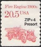 Red & black 20-cent U.S. postage stamp picturing fire engine