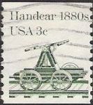 Green 3-cent U.S. postage stamp picturing handcar
