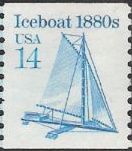 Blue 14-cent U.S. postage stamp picturing iceboat
