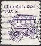 Purple 1-cent U.S. postage stamp picturing omnibus