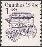 Purple 1-cent U.S. postage stamp picturing omnibus