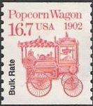 Red & black 16.7-cent U.S. postage stamp picturing popcorn wagon