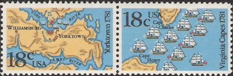 Pair of 18-cent U.S. postage stamps picturing map of coastal Virginia