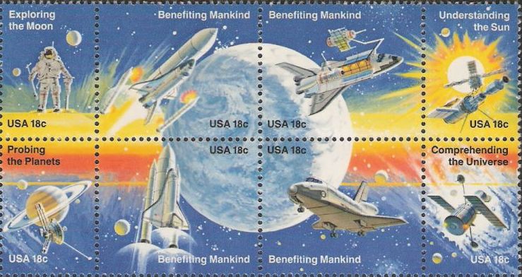 Block of eight 18-cent U.S. postage stamps picturing Earth, space shuttles, satellites, Saturn, and an astronaut