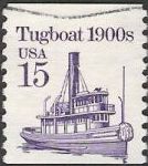 Purple 15-cent U.S. postage stamp picturing tugboat