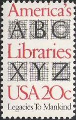 Red & black 20-cent U.S. postage stamp picturing letters A-C and X-Z