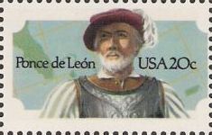 20-cent U.S. postage stamp picturing Ponce de Leon and outline of Florida peninsula