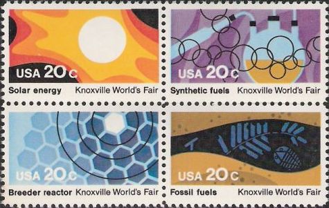 Block of four 20-cent U.S. postage stamps picturing energy sources