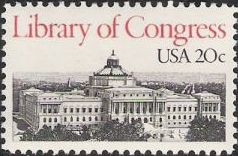 Black & red 20-cent U.S. postage stamp picturing Library of Congress