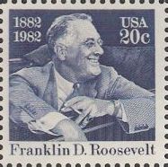 Blue 20-cent U.S. postage stamp picturing Franklin D. Roosevelt
