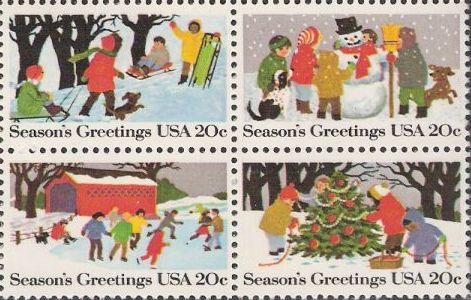 Block of four 20-cent U.S. postage stamps picturing children engaging in outdoor winter activities