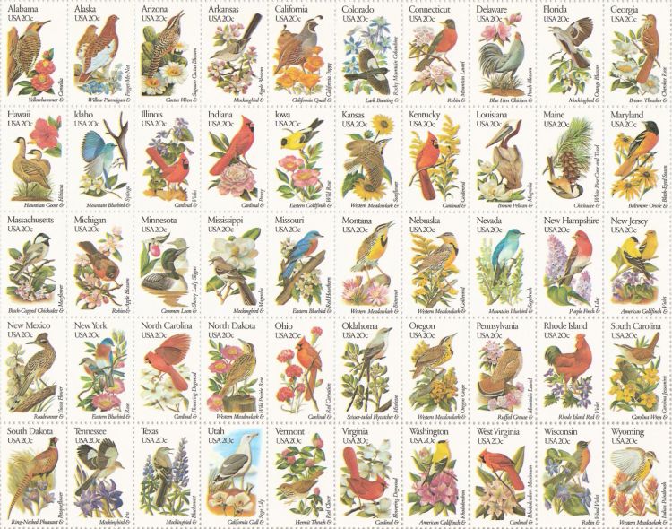 Sheet of 50 20-cent U.S. postage stamps picturing state birds and flowers