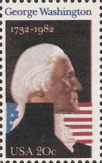 20-cent U.S. postage stamp picturing George Washington and American flag