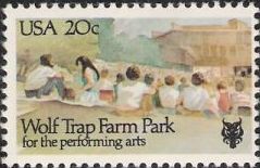 20-cent U.S. postage stamp picturing crowd of people sitting near building