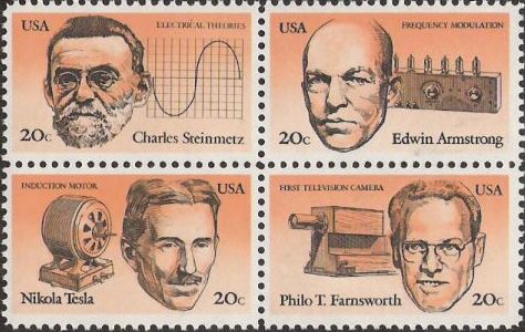 Block of four 20-cent U.S. postage stamps picturing Charles Steinmetz, Edwin Armstrong, Nikola Tesla, and Philo T. Farnsworth