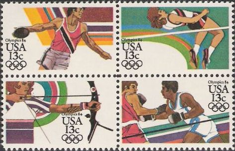 Block of four 13-cent U.S. postage stamps picturing Summer Olympians