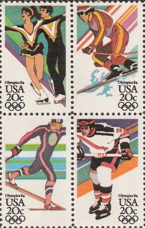 Block of four 20-cent U.S. postage stamps picturing Winter Olympians