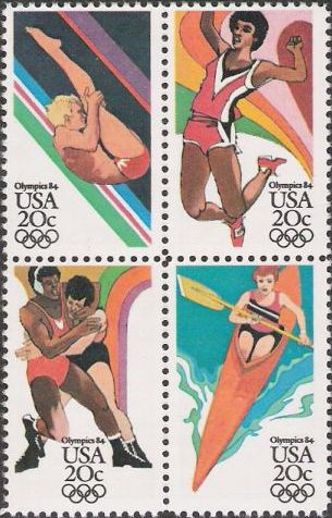 Block of four 20-cent U.S. postage stamps picturing Summer Olympians