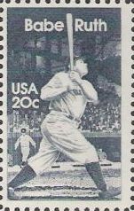 Blue 20-cent U.S. postage stamp picturing Babe Ruth