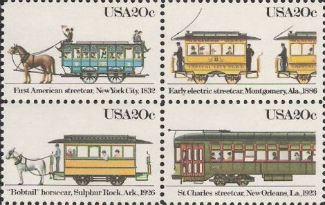 Block of four 20-cent U.S. postage stamps picturing streetcars