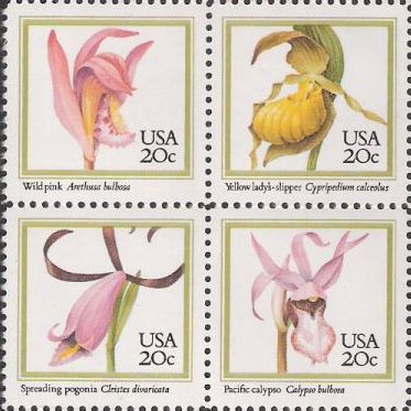 Block of four 20-cent U.S. postage stamps picturing orchids