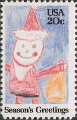 20-cent U.S. postage stamp picturing crayon drawing of Santa Claus