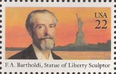 22-cent U.S. postage stamp picturing F.A. Bartholdi and Statue of Liberty