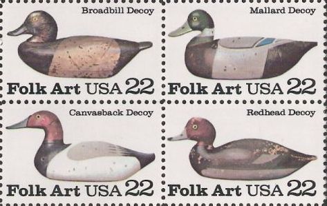 Block of four 22-cent U.S. postage stamps picturing wooden decoy ducks