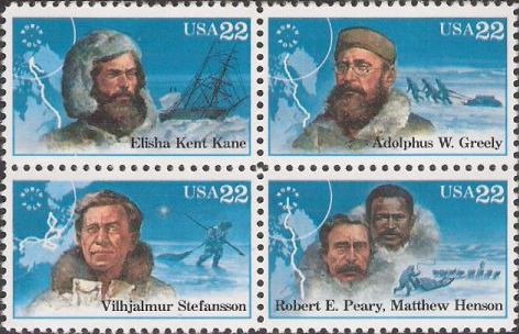 Block of four 22-cent U.S. postage stamps picturing Elisha Kent Kane, Adolphus W. Greely, Vilhjalmur Stefansson, Robert E. Peary, and Matthew Henson