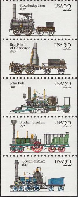 Booklet pane of five 22-cent U.S. postage stamps picturing locomotives