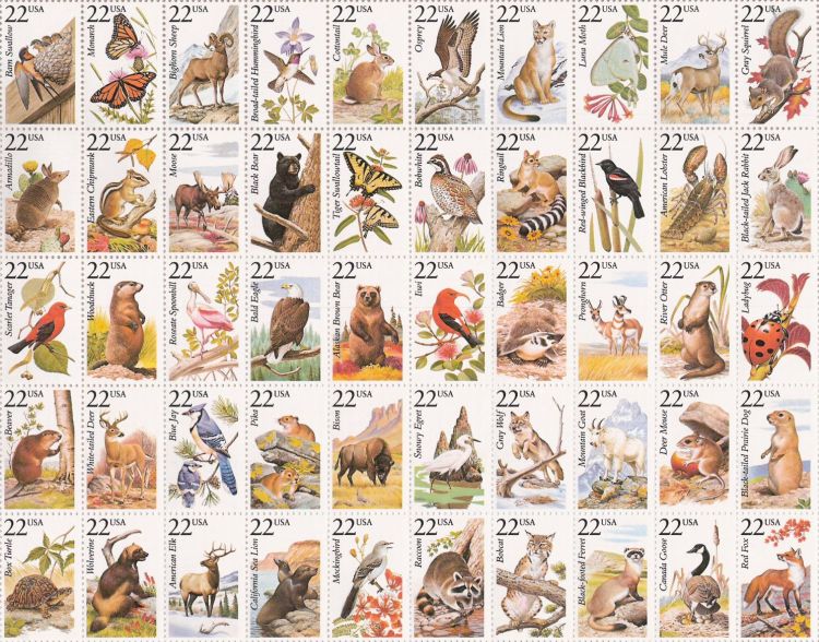 Sheet of 50 22-cent U.S. postage stamps picturing animals